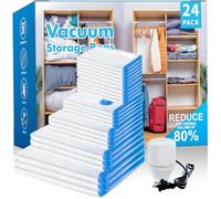 Vacuum Storage Bags, 24 Pack Vacuum Seal Bags for Clothing with Electric Air Pump (3 Jumbo/3 Large/4 Medium/4 Small/10 Roll), Suitable Space Saving for Clothes, Bedding, Blankets, Pillows, and Travel