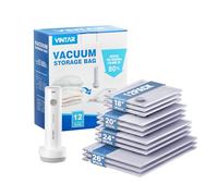 Vacuum Storage Bags for Travel with Rechargeable Wireless Pump, VINTAR 12 Pack (3 J+3 L+3 M+3 S) Space Saver Compression Bags for Luggage, Suitcase, Clothes, Bedding, Blankets