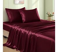 VACVELT 3pcs Burgundy Satin Sheets Twin Size Bed Set, 15 Inch Deep Pocket Silky Satin Sheet Set, Soft Satin Bedding Set Cooling & Luxury Bed Sheets, 1 Fitted Sheet + 1 Flat Sheet + 1 Pillowcase