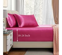 VACVELT 3pcs Extra Deep Pocket Satin Fitted Sheet Set Queen Bed Set, Hot Pink Bottom Sheet Fit 18-24 Inch Deep Pocket Mattress, Silky Bedding Set Soft & Ultra Deep Fitted Sheet & 2 Pillowcase