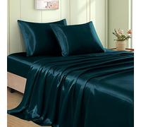 VACVELT 4pcs Dark Teal Satin Sheets Queen Size Bed Set, 15 Inch Deep Pocket Silky Satin Sheet Set, Soft Satin Bedding Set Cooling & Luxury Bed Sheets, 1 Fitted Sheet + 1 Flat Sheet + 2 Pillowcases
