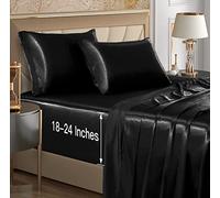 VACVELT 4pcs Extra Deep Pocket Satin Sheets King Size Bed Set, Black Satin Sheet Set Fit 18-24 Inch Deep Pocket Mattress, Silky & Luxury Satin Bedding Set Soft & Ultra Deep Fitted Sheet Set