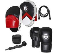 VADER Boxing Gloves and Pads Set for Adults/Youth MMA Muay Thai Kickboxing Punching Sparring Mitts Hook and Jab Target Focus Pads with Boxing Gloves (SET 3- Red/Black)