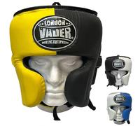 VADER Full Face Boxing Headgear Cowhide Leather MMA Martial Arts Training Kickboxing Full Face Head Guard for Sparring Muay Thai, Taekwondo Karate Ear Protection Headguard Helmet (Yellow/Black, S/M)