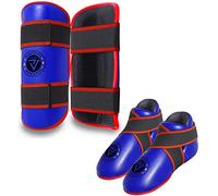 VADER Kickboxing Shin Pads & Foot Pads Set Semi Contact Boxing Sparring Karate Shin Guards with Foot Protectors MMA Taekwondo Martial Arts Training Blue Shin Guards for kids/Adults (XS)