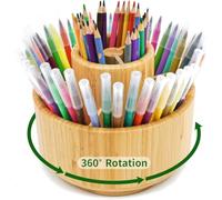 VaeFae Bamboo 360° Rotating Pen Holder, 11-Compartment Art Supply Organiser