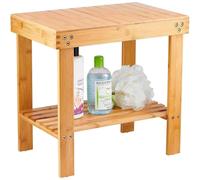 VaeFae Bamboo Bathroom Stools with Non-Slip Feets Storage Shelf for Shampoo Towel, Shower Stools Wooden Stool Works in Living Room/Bedroom/Garden