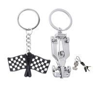 VAEIORP Pack of 2 Metal Keychains, Personalised Creative Car Model Racing Pendant with Racing Car and Flag Design (Silver)