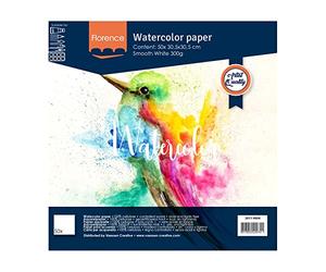 Vaessen Creative Florence Watercolour Paper 12 x 12, Ivory, 300 GSM, Artist Grade Quality, Smooth Surface, 100 Sheets for Painting, Handlettering, Art Projects, White