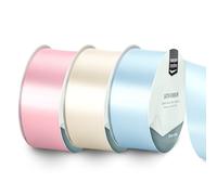 Vaessen Creative Satin Ribbon Set - 3 Babyshower & First Communion Colours of 32.8 ft x 1.5" - Pastel Pink, Blue & White - Thin Ribbon for Gift Wrapping and Crafting