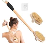 Vafada Wood Body Brush Set,20.6’’ Long Handle Bath Body Back Scrubber Soft & Stiff Bristles Detachable 2 Brush Heads Gentle Exfoliator Remove for Wet & Dry Use