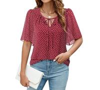 Vafoly Blouse Women's Elegant Short Sleeve Chiffon Summer Tunic V-Neck Flowers Double Layer Tunic, Red Polka Dots, XL