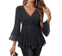 Vafoly Women's Blouses 3/4 Sleeve Elegant V-Neck Tunic with Ruffle Sleeves Glitter Festive Tops for Everyday and Party, black, XXL