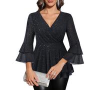 Vafoly Women's Blouses 3/4 Sleeve Elegant V-Neck Tunic with Ruffle Sleeves Glitter Festive Tops for Everyday and Party, black, L