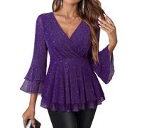 Vafoly Women's Blouses 3/4 Sleeve Elegant V-Neck Tunic with Ruffle Sleeves Glitter Festive Tops for Everyday and Party, Purple, L