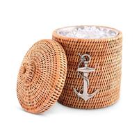 Vagabond House Inspiring Beach Essentials - Luxury Double-Walled Wicker Rattan Ice Bucket with Pewter Metal Anchor, Durable Outdoor Cooler Side Table for Beach House Coastal Boating Lidded ice cooler