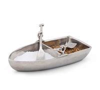 Vagabond House Pewter Row Boat Salt/Pepper Cellar Spice Sauce Server with Pewter Oar Salt Spoons Coastal Theme 3.75 inch Long