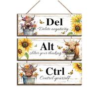 Vagafilla Inspirational Highland Cow Office Wall Décor,Highland Cow Rustic Wooden Ctrl Alt Del Decor with Saying Hanging Motivational Wall Art for Office Home Work Bathroom Living Room