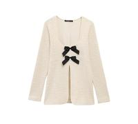 Vagbalena Women's Bow Front Tweed Jacket Slim with Pockets Business Office Jacket Elegant Slim Collarless Waist Closing Jacket (apricot,M)