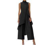 Vagbalena Women's Elegant Summer High-Neck Sleeveless Layered Top and Wide-Leg Pants Two-Piece Set Asymmetrical Tank Top and Cropped Pants Set (A Black,L)