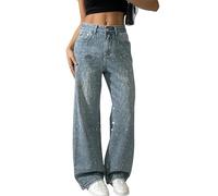 Vagbalena Women's High Waist Glitter Sequins Rhinestones Loose with Pockets Jeans High Waist Pearls Vintage Street Jeans Hot Rhinestone Wide Leg Trousers (Light Blue,XL)