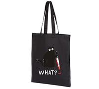 Vagile Halloween Cotton Tote Bag Cat What Murderous Cat With Knife Funny Reusable Gift, Black,One Size