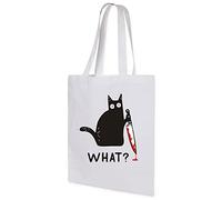 Vagile Halloween Cotton Tote Bag Cat What Murderous Cat With Knife Funny Reusable Gift,White,One Size