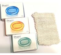 VAgooddeals Sisal Exfoliating Soap Bag Bundle with Pears Pure & Gentle Transparent Soap (3 x 125g) - Moisturizing Bath Kit