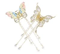Vaguelly 2pcs Butterfly Claw Clips with Rhinestones and Long Tassels for Women Metal Hair Clips with Secure Hold Lightweight Sparkling Hair Accessories Elegant Bohemian Style