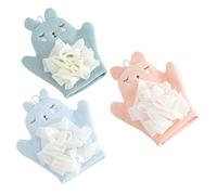 Vaguelly 3pcs Baby Bath Gloves Cartoon Double-Sided Body Scrubbing Mitts Soft Washcloths for Infant Bathing, Gentle Exfoliating Sponge Gloves Set in Blue, Orange-Pink, and Mint Green