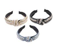 Vaguelly 3Pcs Beaded Pearl Sequin Headbands for Women Knotted Linen Hairbands in Beige Blue Black Elegant Hair Accessories for Wedding Guests and Daily Hairstyles