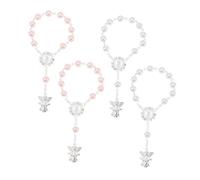 Vaguelly 4Pcs Baptism Rosary Bracelets with Silver Angel Pendant Christening Favors for Shower Decorations Skin-friendly Keepsake Gifts for White and Light Pink Colors