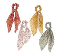 Vaguelly 4pcs Floral Long Tail Hair Scrunchies for Women Bowknot Ribbon Ponytail Holders Decorative Hair Ties Silk Scarf Design in Brick Yellow Cream White and Green