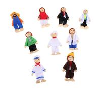 Vaguelly 9pcs Wooden Dollhouse Family Set with Bendable Career Role Play Figures for Articulated Mini People Dolls in Fabric Clothes Educational Pretend Play for Storytelling and Social