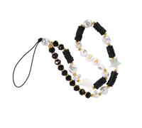Vaguelly Black Star Moon Pearl Clay Beaded Mobile Phone Chain Wrist Strap, Soft Polymer Handmade Phone Decoration Lanyard for Cellphone Hanging and Wrist Carry