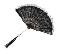 Vaguelly Chinese Style Folding Hand Fan with Double Lace and Tassel Vintage Thickened Handheld Dancing Fan for Women Compact Traditional Decorative Prop for Performances and Gifts