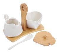 Vaguelly Cream Pitcher and Sugar Jar Set Sugar and Creamer Set with Bamboo Tray and Spoon Ceramic White Simple Design Sturdy Ceramic Material for Home and Hotel Use