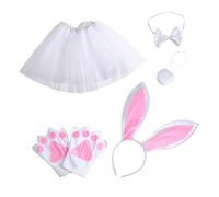 Vaguelly Easter Bunny Costume Set for White Rabbit Ear Headband with Bow Tie Tail Palm Gloves Tutu Skirt Easter Accessories for Party Cosplay Photo Shoot