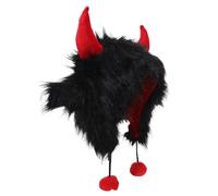 Vaguelly Plush Cow Horn Cosplay Hat Black Warm Beanie for Parties