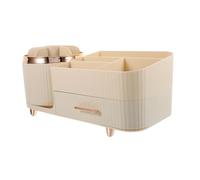 Vaguelly Rotating Makeup Organizer with Drawer Large Capacity Multi Compartment Makeup Brush Holder Sleek Cream White Desktop Storage for Vanity and Cosmetics