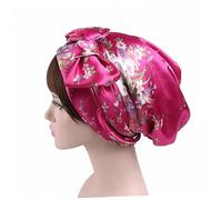 Vaguelly Satin Sleep Cap Floral Prints Women Sleeping Chemotherapy Cap Ribbon Turban Breathable Stretchy Head Wrap for Women Rosy Big Flower Prints