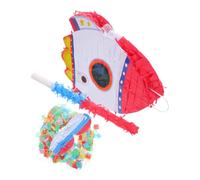 Vaguelly Space Themed Rocket Pinata with Stick and Blindfold for Birthday Party Games Sturdy Cardboard Construction with Crepe Paper Convenient Hanging Ring Filling Port for Candies and
