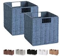 Vagusicc Hand Woven Wicker Storage Baskets for Shelves with Handles - Foldable Storage Baskets for Pantry, Bedroom, Organization and Decoration - Set of 2 Blue -