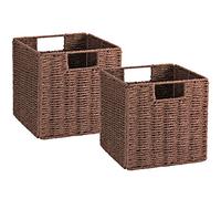 Vagusicc Hand-Woven Wicker Storage Baskets, Set of 2 With Handles - Foldable Cube Organizer Bins for Shelves, Pantry, Bedroom Decor - 13 Inch Large, Brown