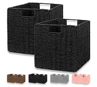 Vagusicc Storage Basket, Set of 2 Hand-Woven Paper Rope Wicker Baskets, Foldable Storage Bins, Large Wicker Storage Square Baskets for Shelves Organizing & Decor, Black (11″×11″×11″)