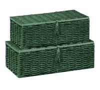 Vagusicc Storage Boxes with Lids, Handwoven Set of 2 Wicker Storage Baskets for Organizing, Nesting Storage Basket for Shelves, Small Shelf Hamper Organiser for Bathroom, Bedroom (Green, Large+Small)