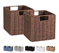 Vagusicc Wicker Baskets for Storage, Set of 2 Hand-Woven Storage Baskets for Shelves, Foldable Cube Storage Baskets Bins with Handles, 9 inch Large Wicker Baskets for Organizing Pantry Bedroom, Brown