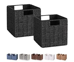 Vagusicc Wicker Baskets for Storage, Set of 2 Hand-Woven Storage Baskets for Shelves, Foldable Cube Storage Baskets Bins with Handles, 9 inch Small Wicker Baskets for Organizing Pantry Bedroom, Black