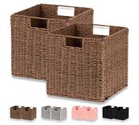 Vagusicc Wicker Baskets, Set of 2 Hand-Woven Paper Rope Foldable Cubby Storage Bins, Large Wicker Storage Basket for Shelves Pantry Organizing & Decor, Brown (11″×11″×11″)