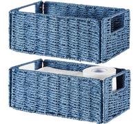 Vagusicc Wicker Storage Basket, Set of 2 Hand-Woven Paper Rope Wicker Basket, Small Storage Baskets for Organizing Toilet Paper Basket, Foldable Large Cube Storage Organizer Bins for Shelves (Blue)